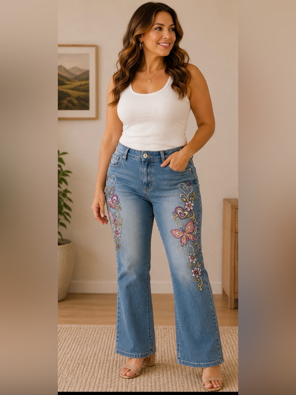 624 Angels Embroidered Butterfly & Floral Bootcut Jeans Plus 18W Stretch Y2K